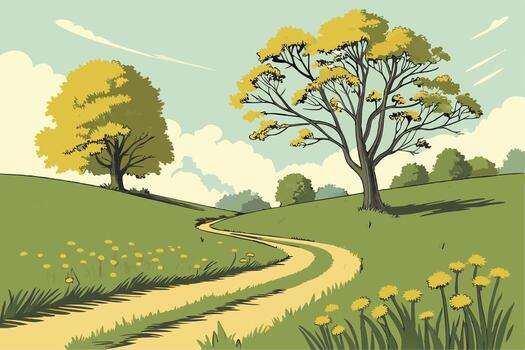 Illustrated walking path with group nodes along a gentle morning route